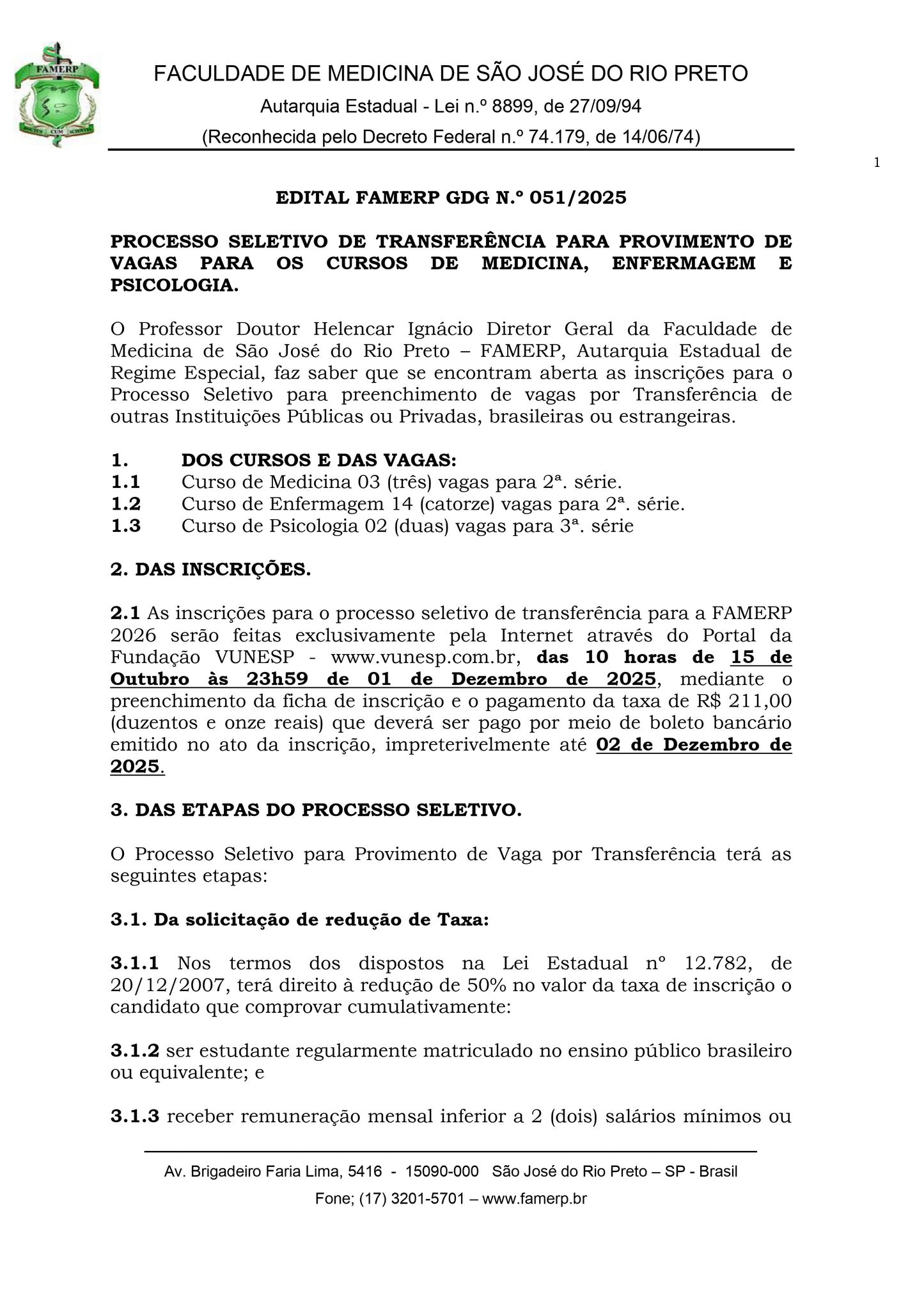 EDITAL TRANSFERÊNCIA FAMERP