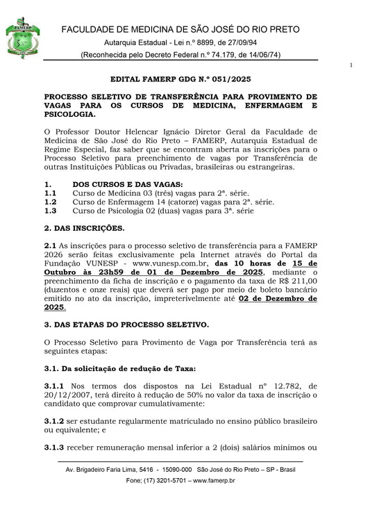 EDITAL TRANSFERÊNCIA FAMERP